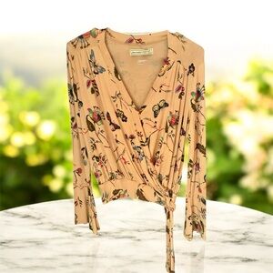 Abercrombie & Fitch Butterfly Print Wrap Blouse - Tan